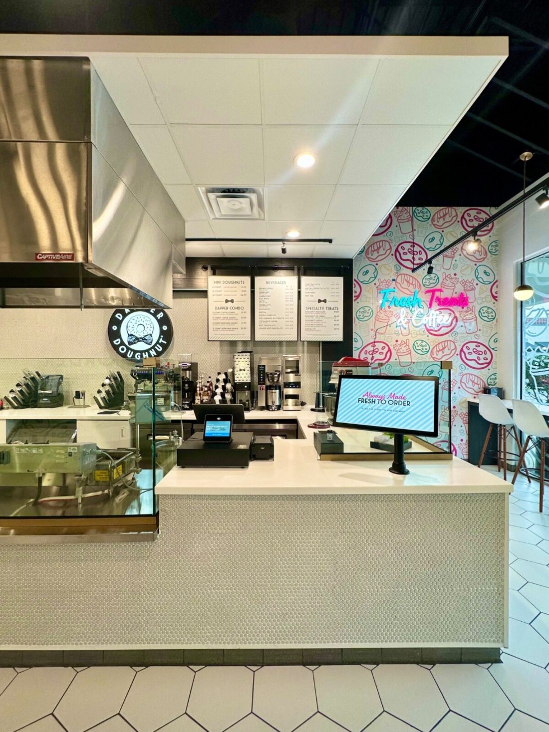 The Dapper Doughnut shop counter — the workplace where our team makes doughnuts fresh to order